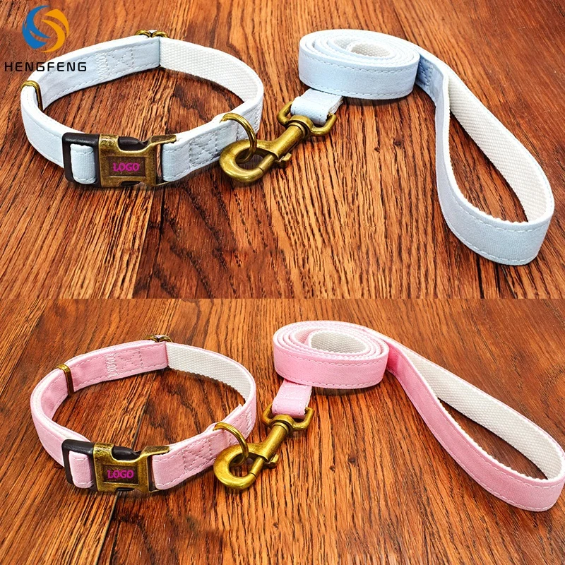 

Support custom brand LOGO brass metal buckle pure cotton + linen pet dog leash collar set, Picture shows or custom