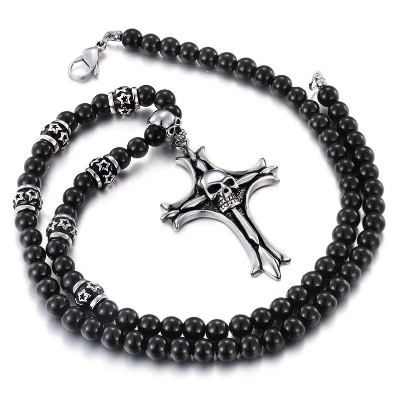 Kalen 700mm Glass Beaded Necklace With Stainless Steel Punk Skull Charm Cross Pendant