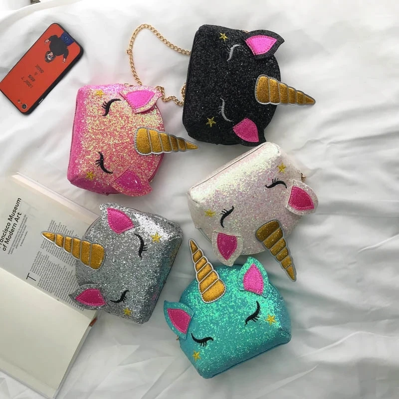 

2020 cartoon Purses Coin Bolsa Small Wallet Shiny Unicorn Shoulder kids mini unicorn bag sequin girls, Customizable