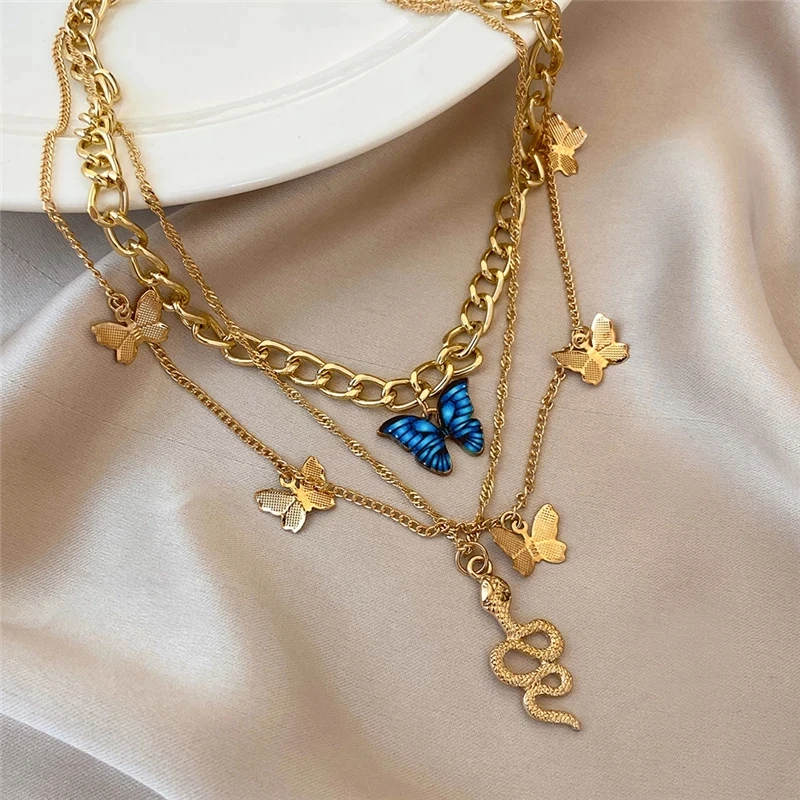 

FINETOO Bohemian Multilayer Snake Butterfly Necklace for Women Fashion Gold Chain Choker Necklaces Gifts Jewelry