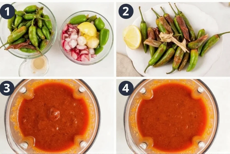 Step-by-step preparation of homemade serrano pepper sauce showing peppers, vinegar, and blending process