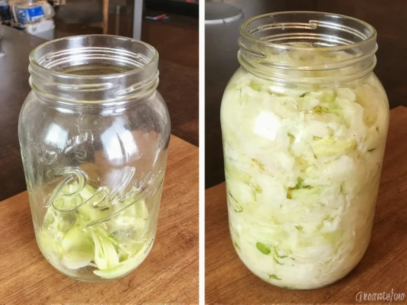 Step-by-step sauerkraut fermentation process in glass jar