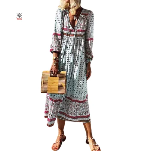 

OEM High Quality Deep V Neck Bohemian Lady Print Long Sleeve Maxi Dresses Women