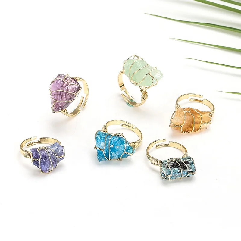 

Hand Wire Wrap Mineral Ring Druzy Natural Crystal Quartz Rough Stone Rings Jewelry