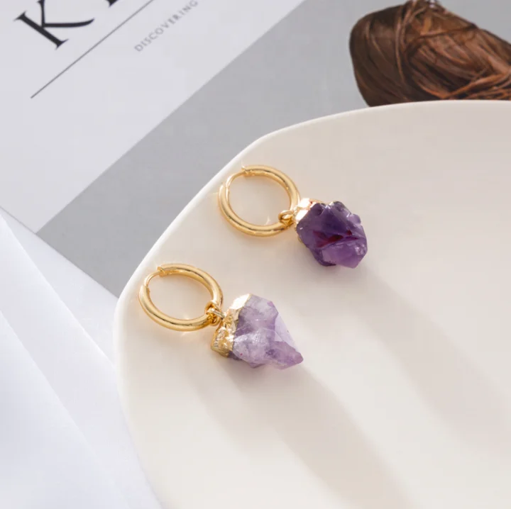 

Semi-precious Jewelry 18k gold plated Genuine Natural Gemstone raw stone jewelry amethyst coral Dangle Drop Earrings