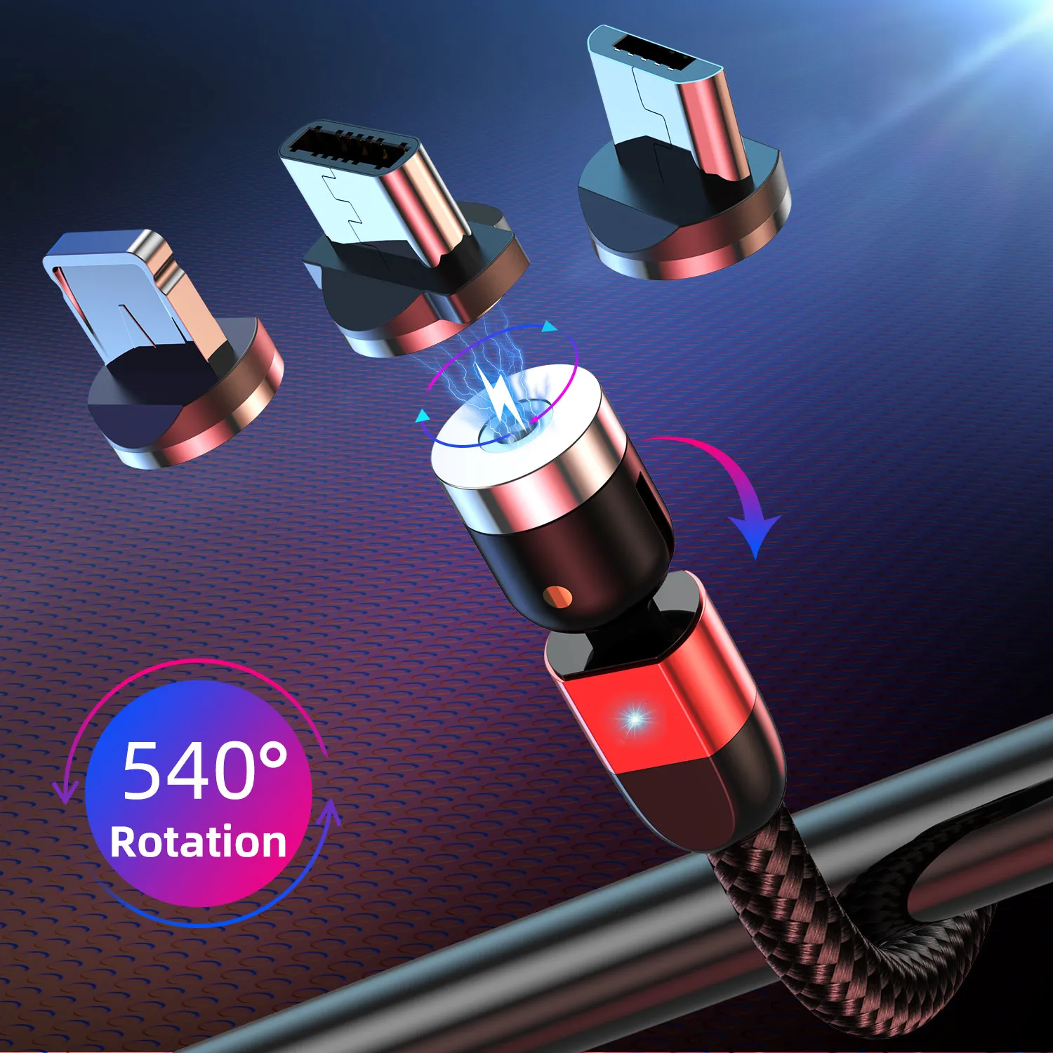 

USLION 2020 2M 3 in 1 magnetic usb cable 2.4A fast charge 540 degree rotation magnetic charging cable, Red/black/silver/purple