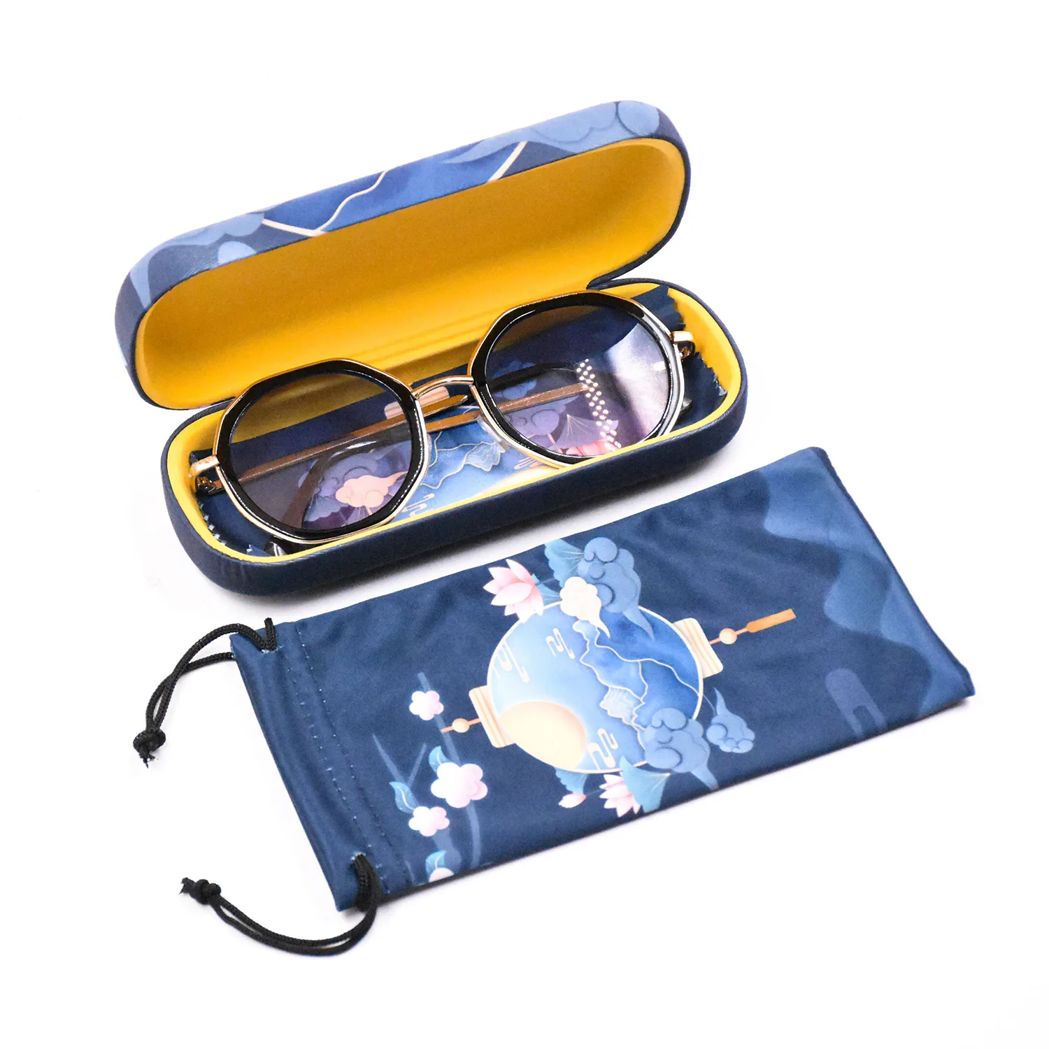 

OEM Custom Logo PU Leather Metal Iron Eyeglasses sun glasses sunglasses Packaging Case box Set microfiber pouch clean cloth