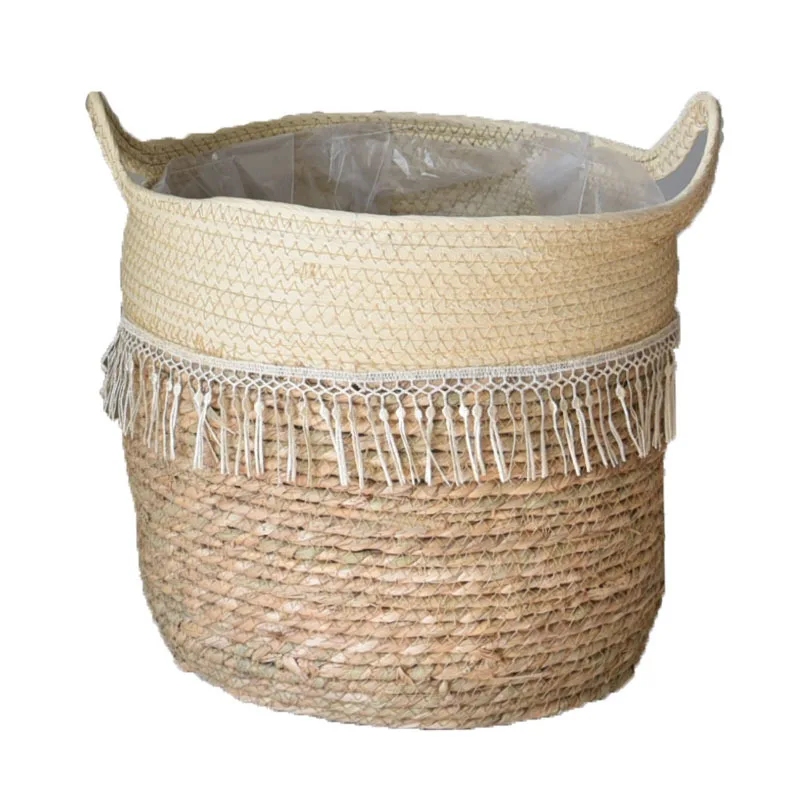 

Factory Handmade seagrass seagrass storage baskets with lids and cotton rope connection belly basket natural storage basket, Customized color