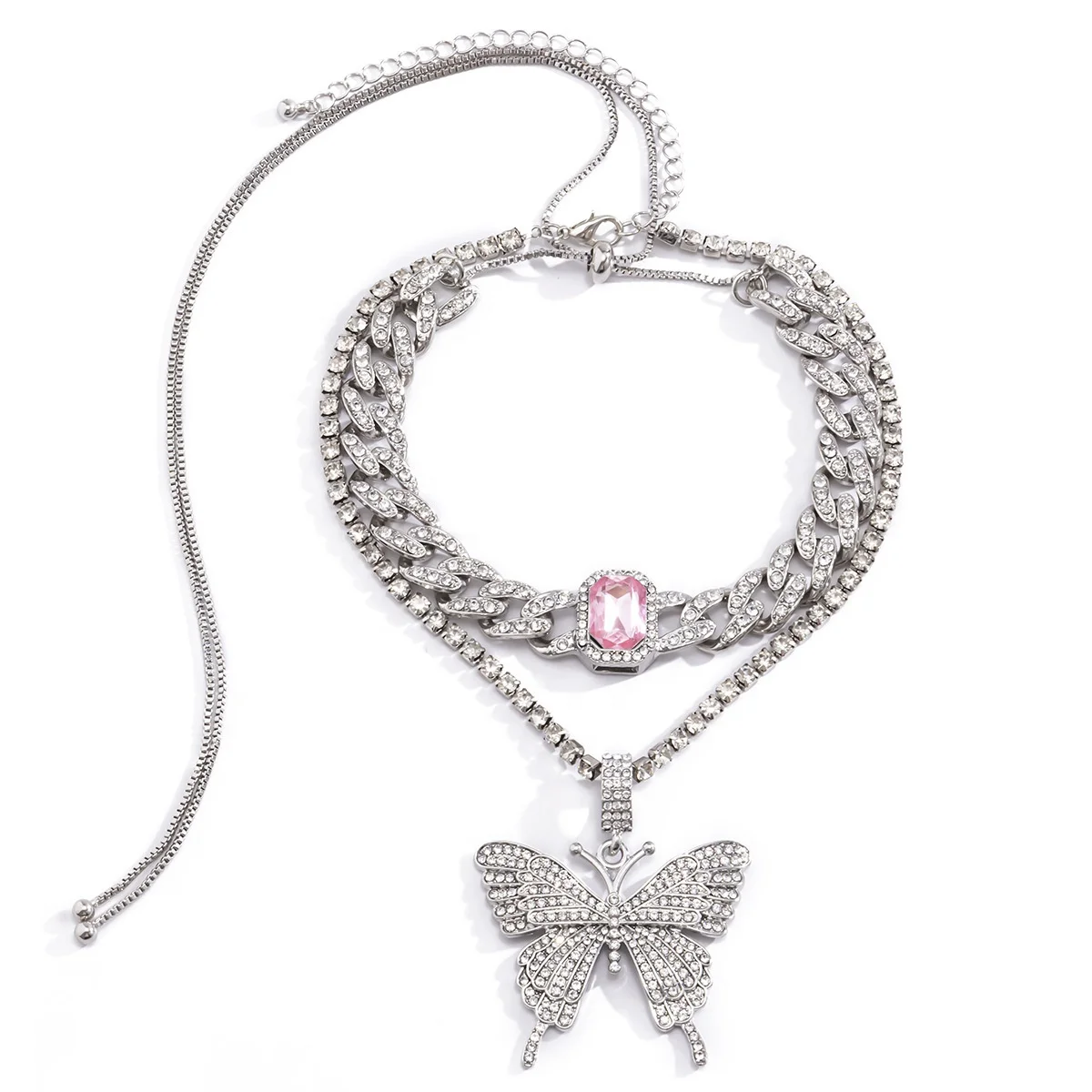 

Fashionable Cuban gemstone butterfly pendant necklace two-piece set with rhinestones, Silver color