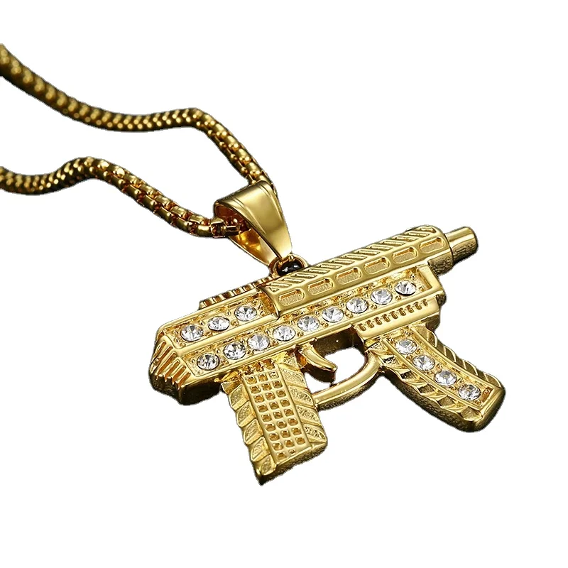 

Hip-hop Jewelry Cuban Link Chain Iced Out AK47 Gun Pendant Diamond Necklace Rhinestone Uzi chains