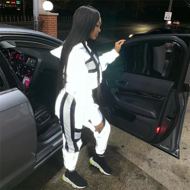 
Supply womens slim plain gym tracksuits set 2 piece brand reflective polyester sweatsuit tracksuit 