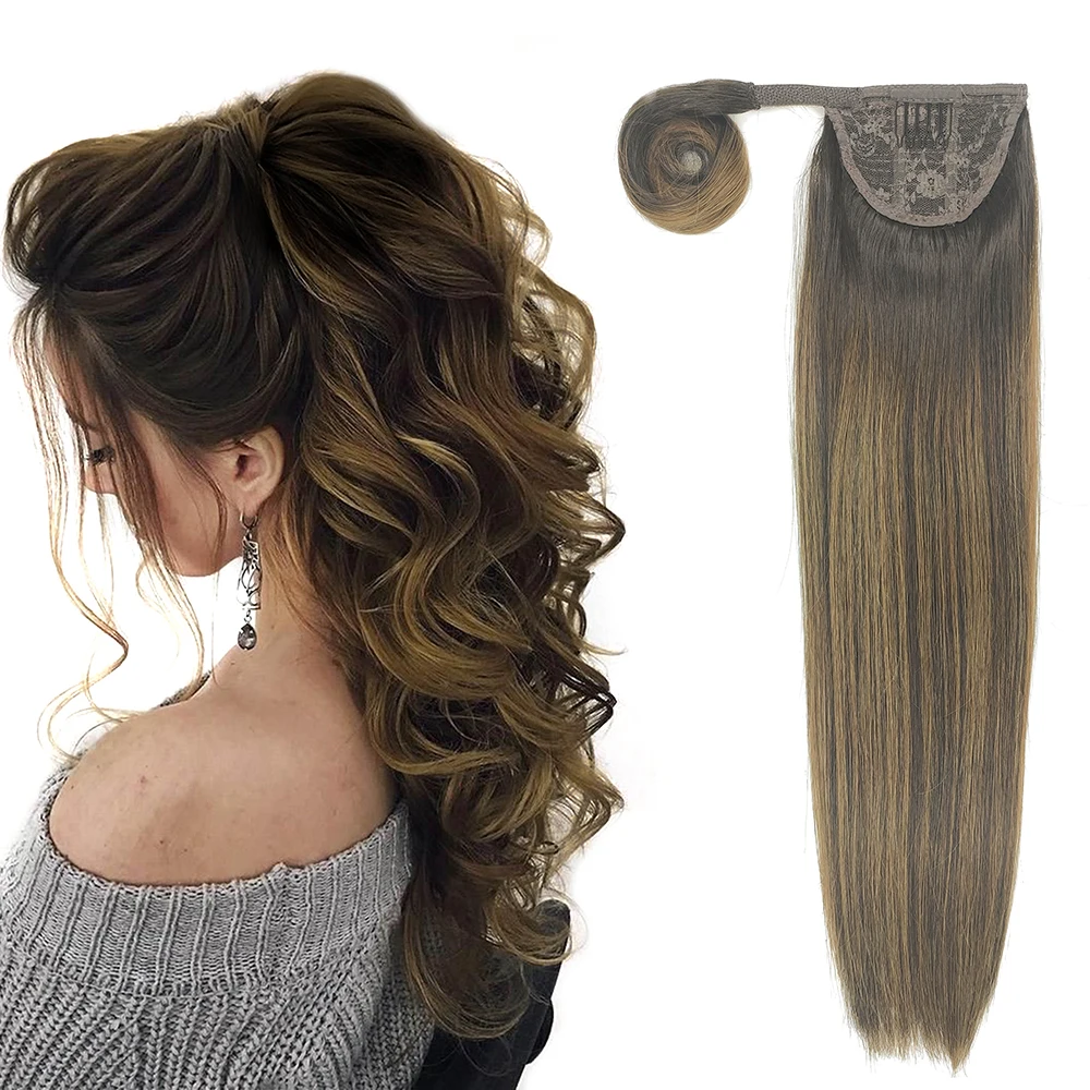 

New Arrival Natural Ombre Wrap Around Ponytail Straight Human Hair Extensions Shiny Blonde Clip in Virgin Remy Hair Ponytail, 18 wave colors in stock or any customized colors