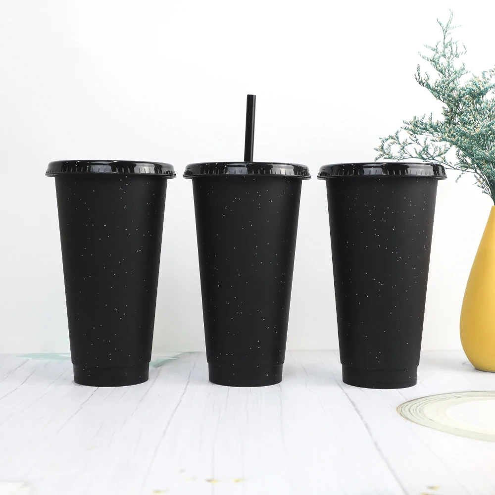 

Eco Friendly 710ml 24oz Tumbler Reusable Black Glitter Plastic Coffee Cup With Cover