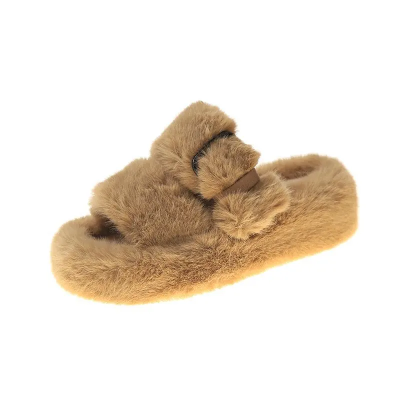 

Plush Slippers Female Outer Wear Warm Plush New Heavy-Bottomed Open-toed Slippers Thick Crust Muffin Hair Drag, Khaki