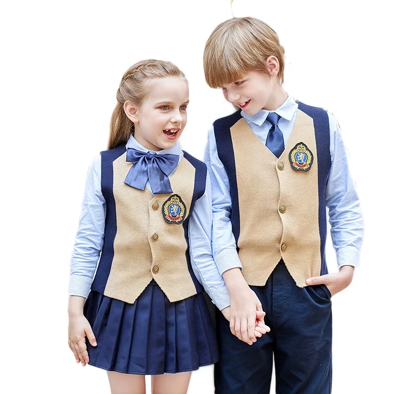 

100 sets custom boys and girls clothing set kids vest+blouse/shirts+skirt/pants kindergarten High School student school Uniforms