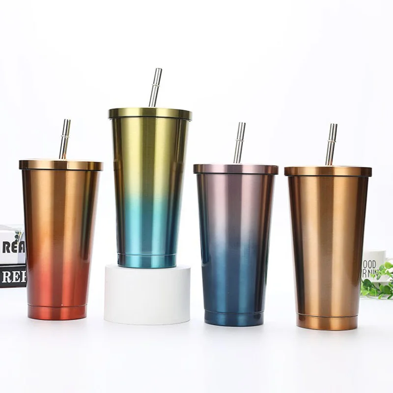 

Travel 500ml 750ml Gradient Color Classic Straw Tumbler Double Wall Vacuum Insulated Coffee Mugs Stainless Steel Cup with Straw