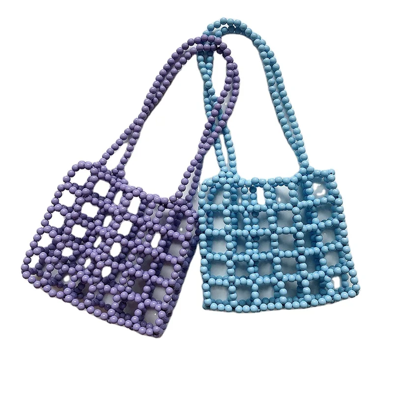 

Handmade beaded bag color acrylic beads portable imitation pearl bag retro hollow shoulder bag women