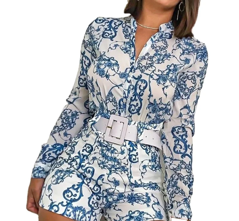 

Ladies New Blue Printed Long Sleeve Jumpsuit Long Sleeve Shorts Set