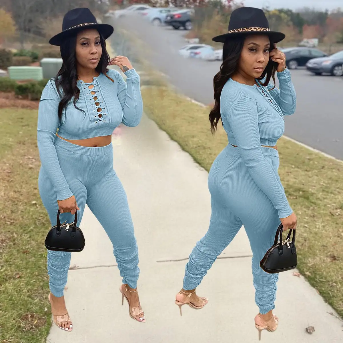 

Spring Rib Bandage Women Two Piece Casual Sets Women Clothing Sexy Two Piece Joggers