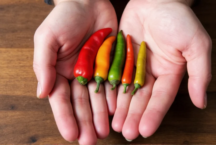 Chef's hand holding Gotham Ivy Pepper next to common culinary peppers for size comparison