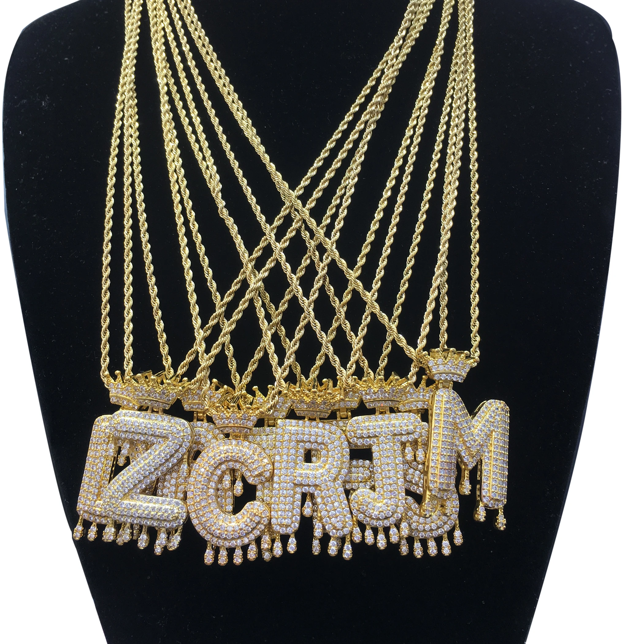 

Custom Crown Bail Drip Bubble Initial Letters Chain Necklaces Pendant For Men Women Gold Color Cubic Zirconia Hip Hop Jewelry