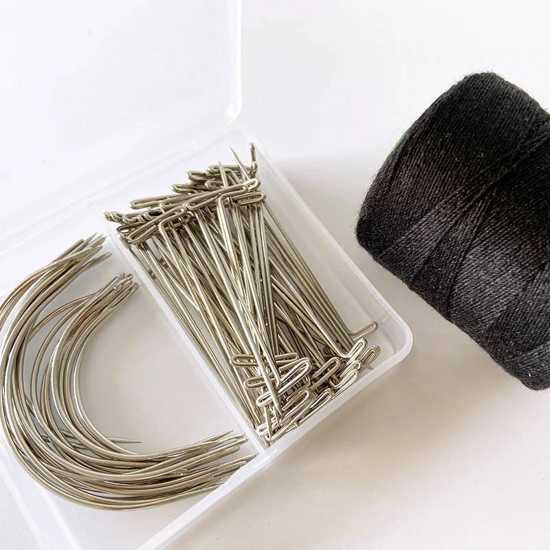 

2.5in 3.5in C Shape Curve Steel Sewing Needle Pins Set with Thread for Wig Making
