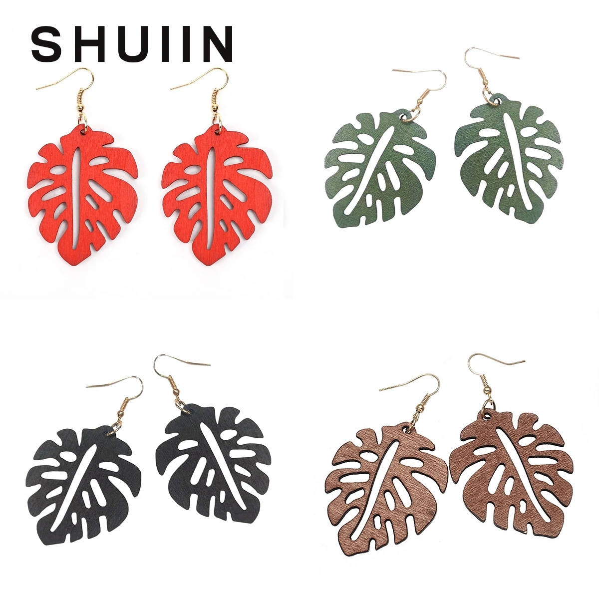 

SHUIIN Personalized simple multiple color monstera leaf wood earrings gold hooks polynesian hawaiian jewelry wholesale