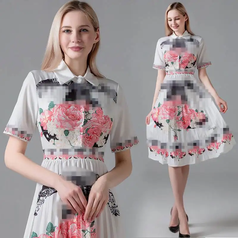 

In stock top quality fashion turn down collar high waist slim short sleeve new design summer midi ladies vintage printed dress, White