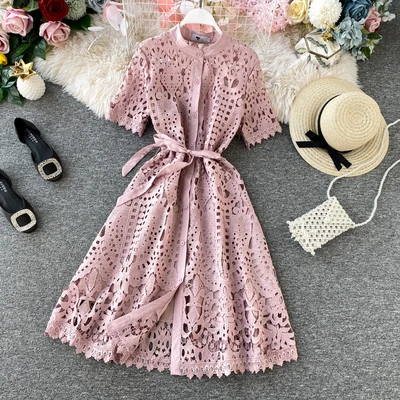 

A527 Latest Fashion Women Hollow Out Lace Long Dress With Belt