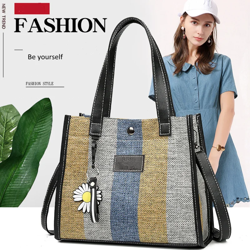 

Korean fashion canvas shoulder bag striped handbag large capacity messenger bag, Pure color