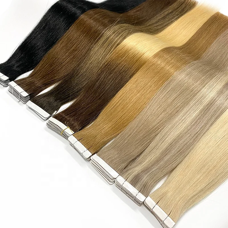 

Large Stock Quality Double Drawn Remy Tape In Hair Extensions 100% Russian Invisible Skin Weft Tape In Hair Extensions