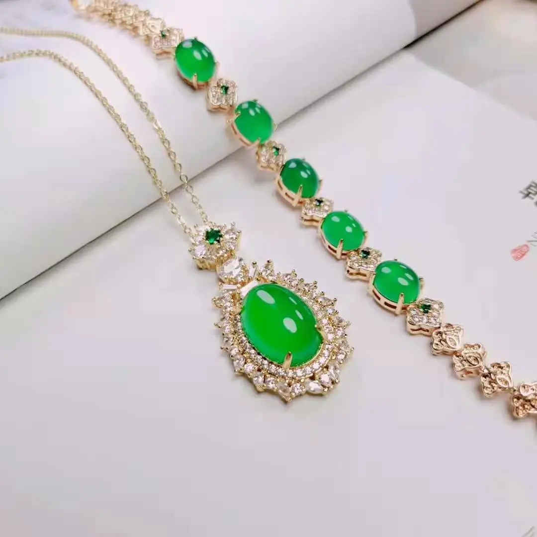 

Certified High Ice S925 Silver Inlaid Green Chalcedony Water Drop Set Gemstone Bracelet Pendant Two-Piece Set