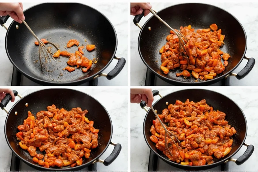 Step-by-step cooking process for Chinese pepper beef showing proper stir-frying technique in wok