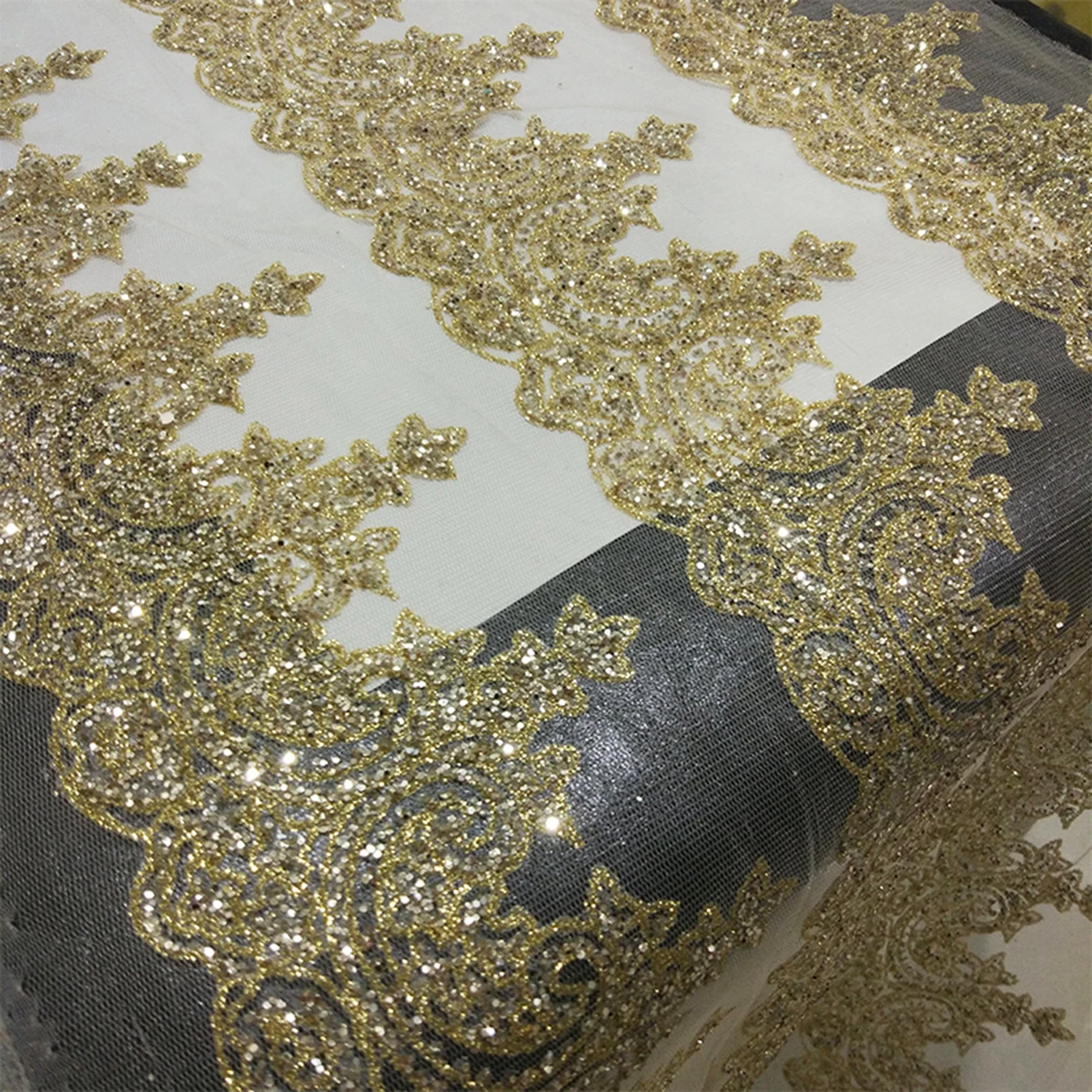 

Wholesale Luxurious Shiny Sequin Border Lace Fabric Trim Good Quality Silver Glitter Net Tulle Wedding Dress Fabric High Couture, Champagne, silver, customized