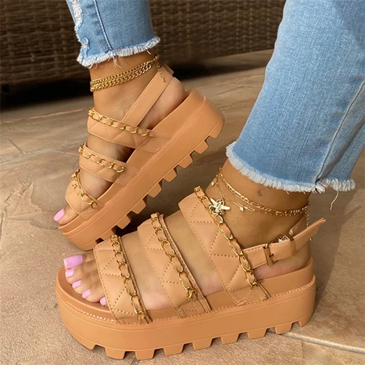 

2021 New Arrival Double Chain Straps Buckle Closure PU Leather Platform Sandals Ladies Thick Bottom Outside Shoes, Black,red,white .khaki