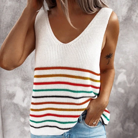 

2021 Summer Loose Women Shirt Knitted Top Casual Ladies Striped Off The Shoulder Argyle Sweater Vest Tops, Picture