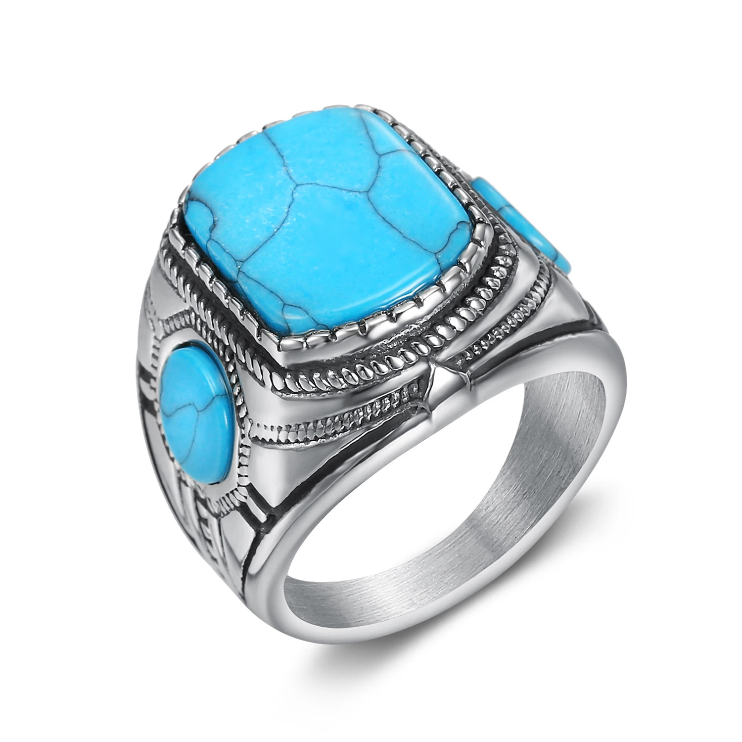 

OEM ODM Mens Stainless Steel Blue Sapphire Turquoise Square Stone Ring for Men, Antique