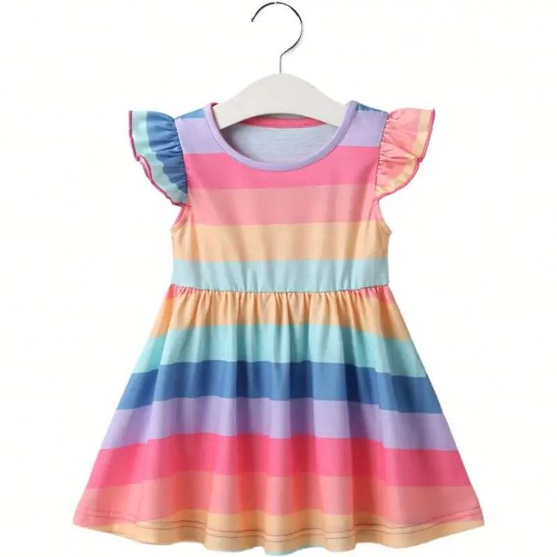 

1586 New Newborn Baby Clothes Girls Dress Summer Kids Clothing Cotton Colorful Rainbow Striped Sleeveless Princess Vest Dresses, As picture