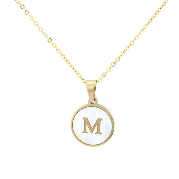 

Fashion Delicate Bohemian Round Shell Initial 26 Letter Pendant Necklace Gold Plated Stainless Steel Necklace, As picture or customized