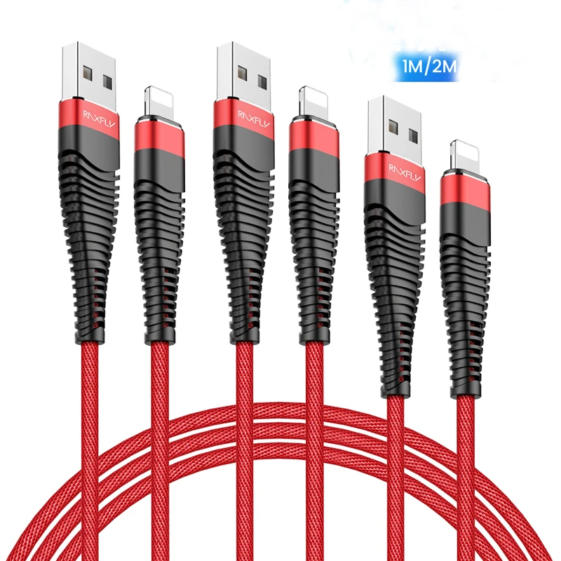 

Free Shipping 1 Sample OK Charger Cable for iPhone 5V/2A Data Sync RAXFLY 1M 2M Nylon Braided Cell Phone Cable, Red