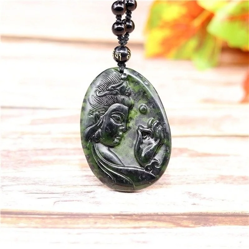 

Jade Guanyin Pendant Necklace Chinese Charm Carved Gifts Jewelry Accessories Amulet Obsidian Black Green Men for Natural