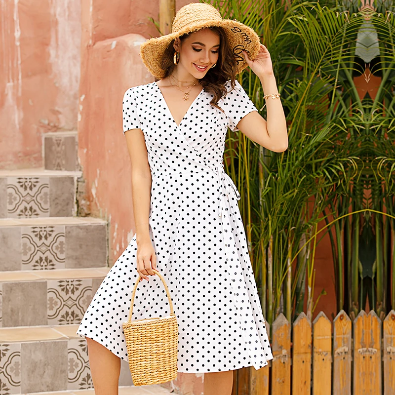 

Elegant polka dot chiffon wrap and tie midi casual korean beach dresses summer