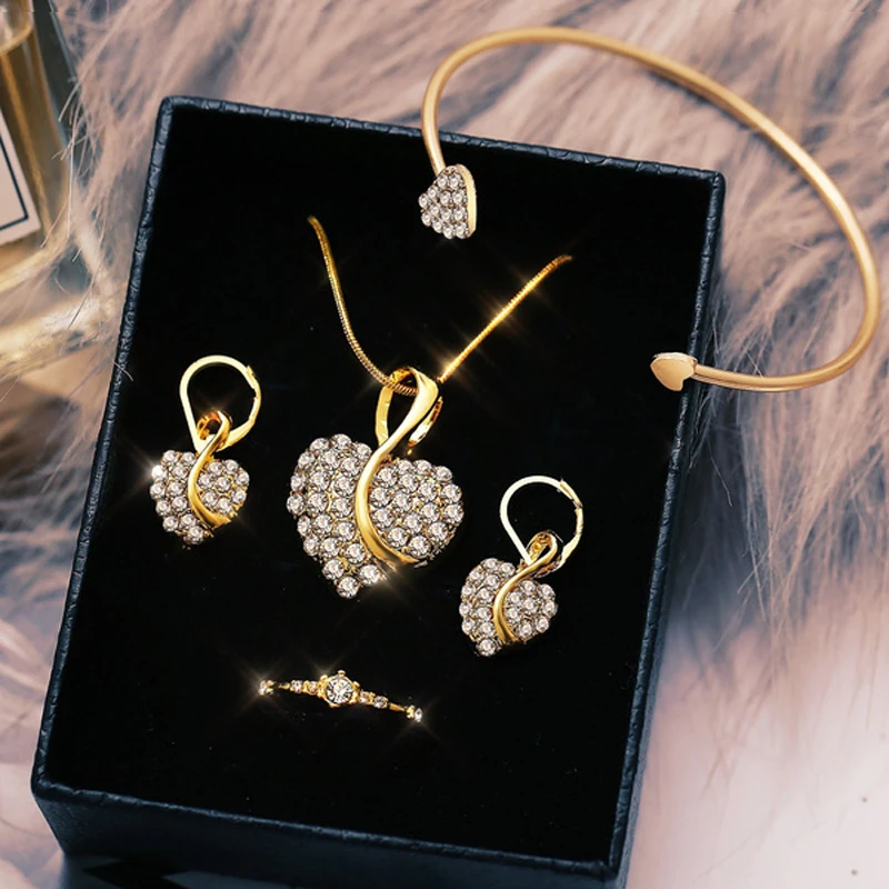 

17KM Dainty Crystal Heart Pendant Necklace and earrings set jewelry for women fashion party jewelry set, Gold/rose gold