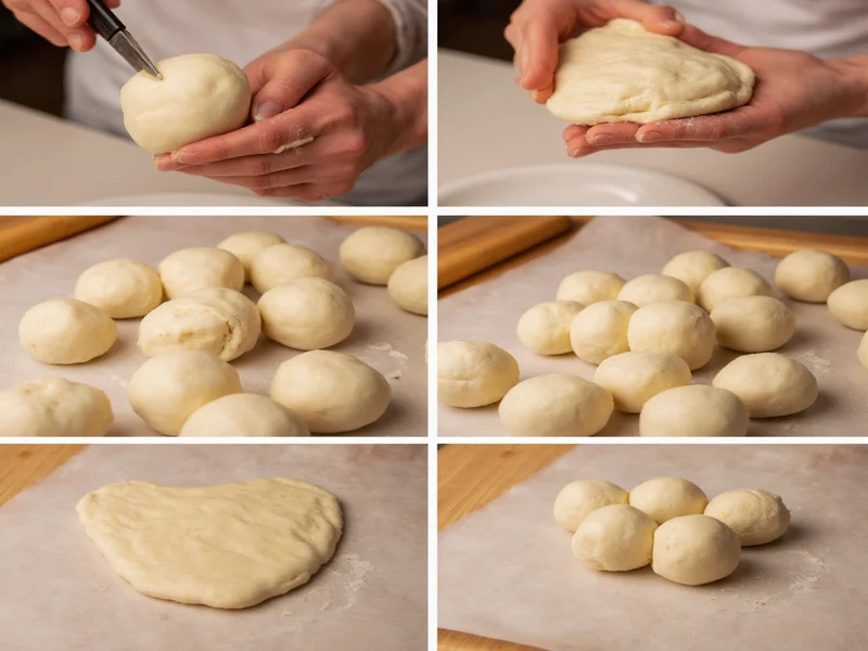 Step-by-step shaping of hot roll dough into perfect spheres