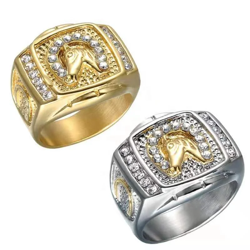 

2020 Golden Drill-in Horsehead Titanium Steel Ring For Men Stainless Steel Jockey Club Animal Ring, Gold, silver
