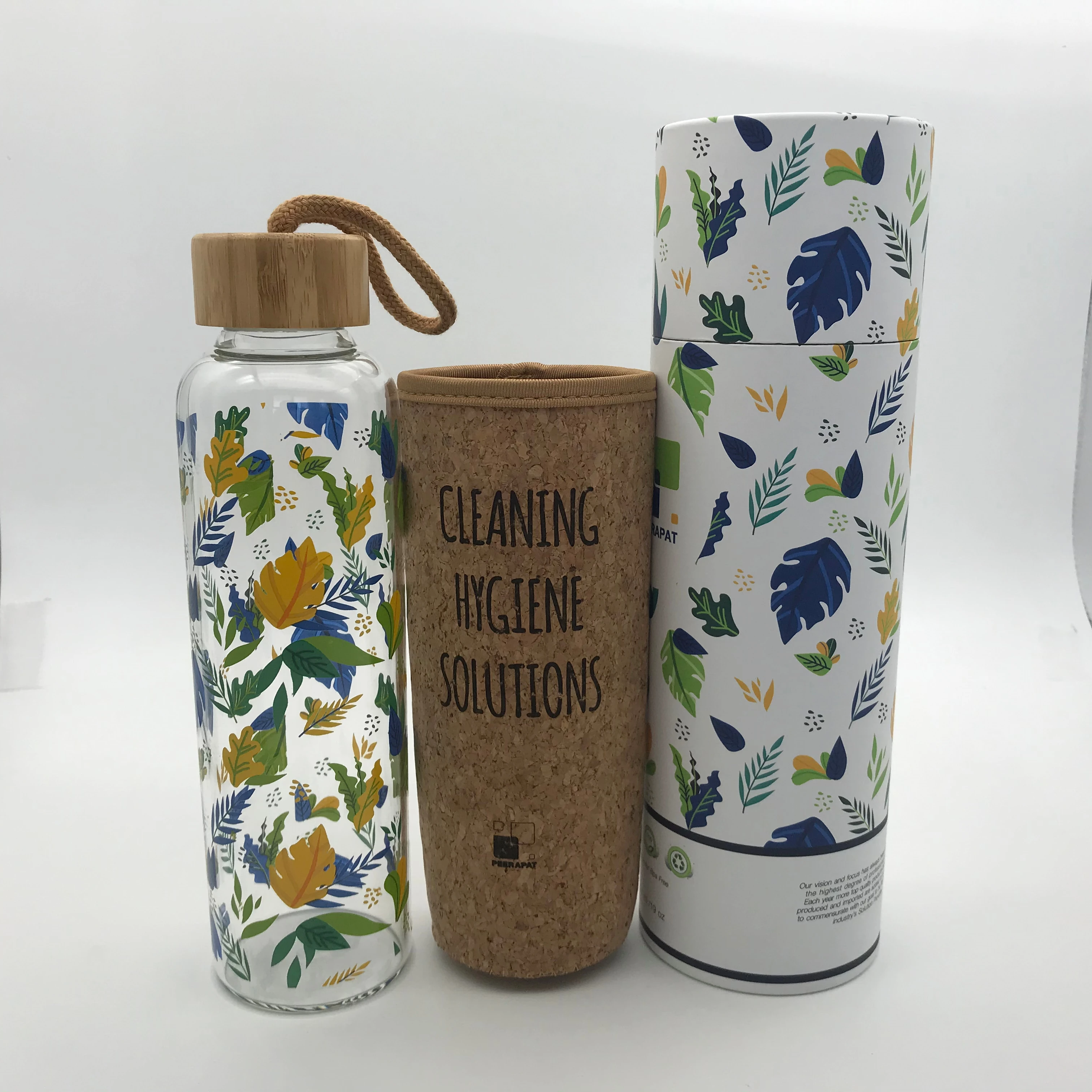 

Customized Print BPA Free High Borosilicate glass water bottle with Cork Sleeve and Bamboo Lid, Transparent