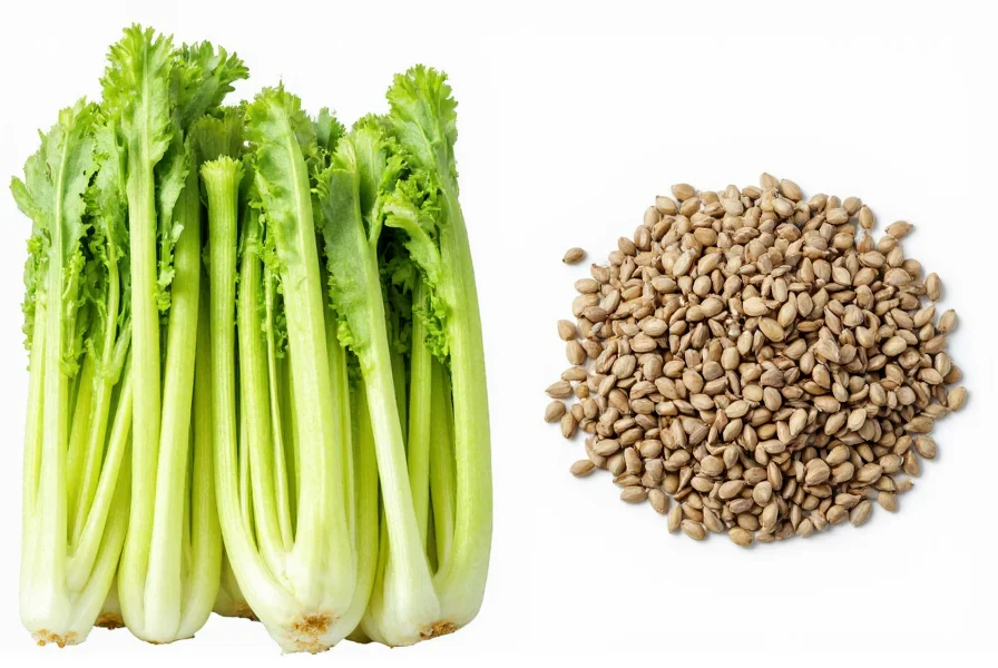 Side-by-side comparison of fresh celery stalks and celery seeds showing visual differences