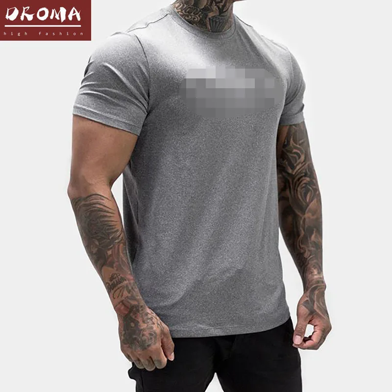 

Droma fitness sports Men's 100% cotton leisure training running sweat round neck short sleeve tight breathable t shirt, Black gray