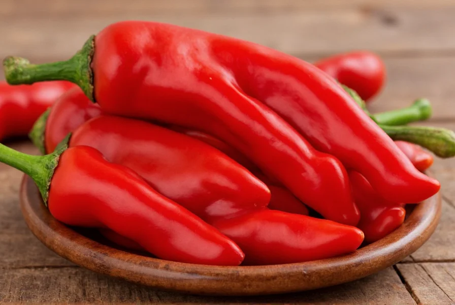 Close-up of cayenne pepper flakes on wooden spoon with fresh peppers in background