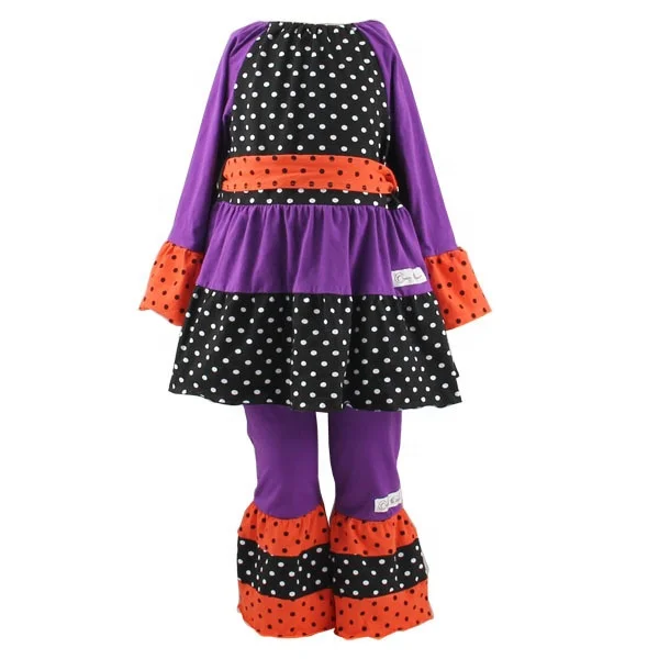 

Kaiyo 2019 new girls thanksgiving boutique outfit kids cotton long sleeve ragland ruffle dot dress top and pants set, All colors on the color chart are available